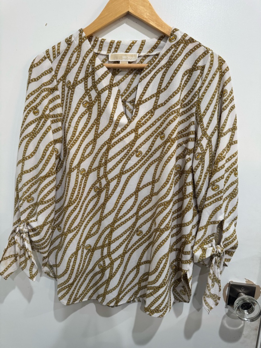 Michael Kors White Blouse with Gold Chain Pattern V-Neck